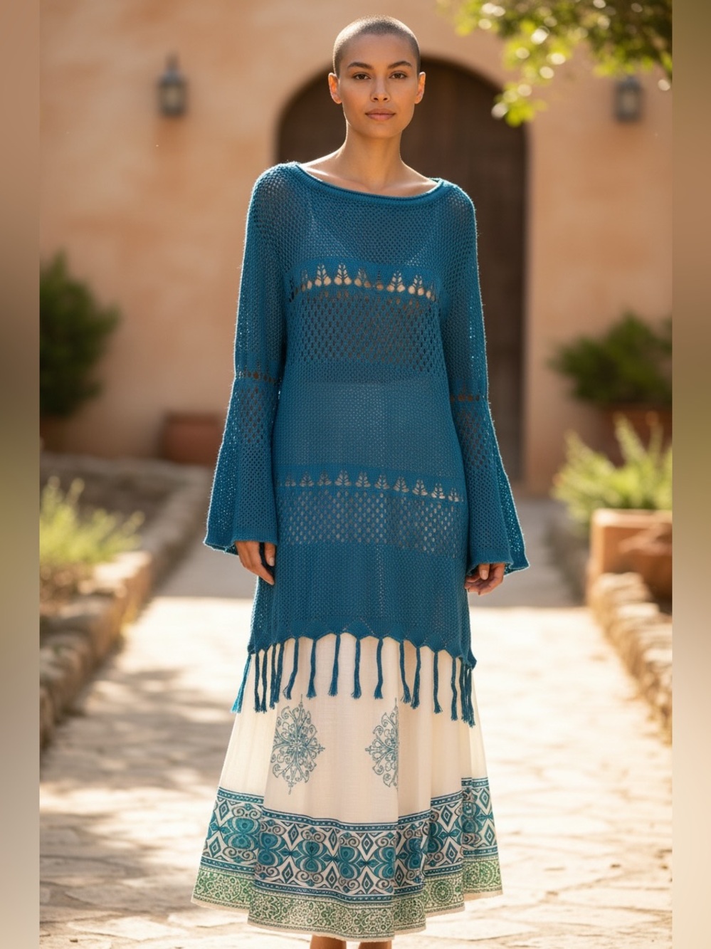 2PC COTTON JOSEPH A TEAL CROCHET TUNIC & NY STYLE WHITE MEDALLION SKIRT SET